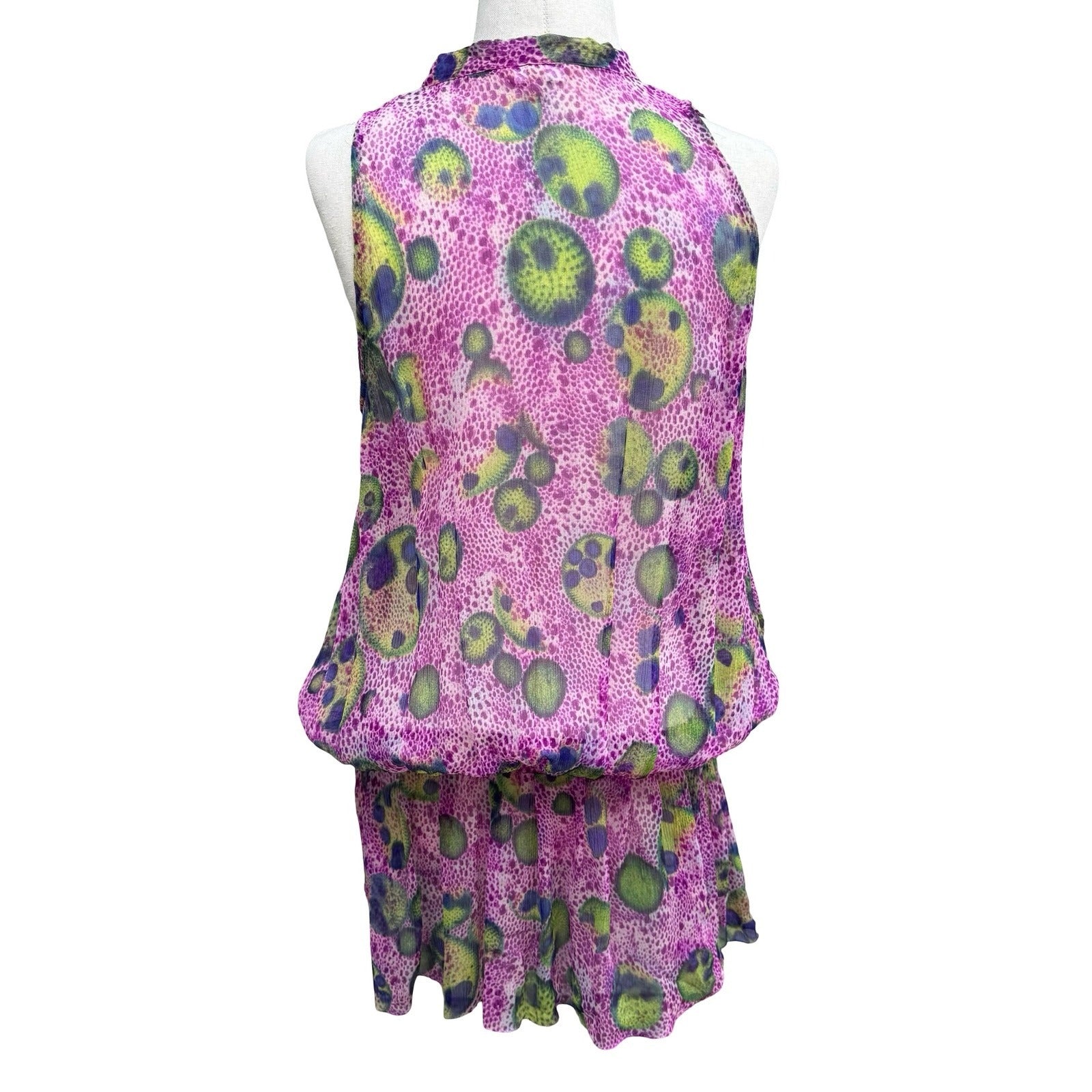BGN First Y2K Silk Boho Abstract Semi Sheer Tie Neck Blouson Mini Dress Purple 6