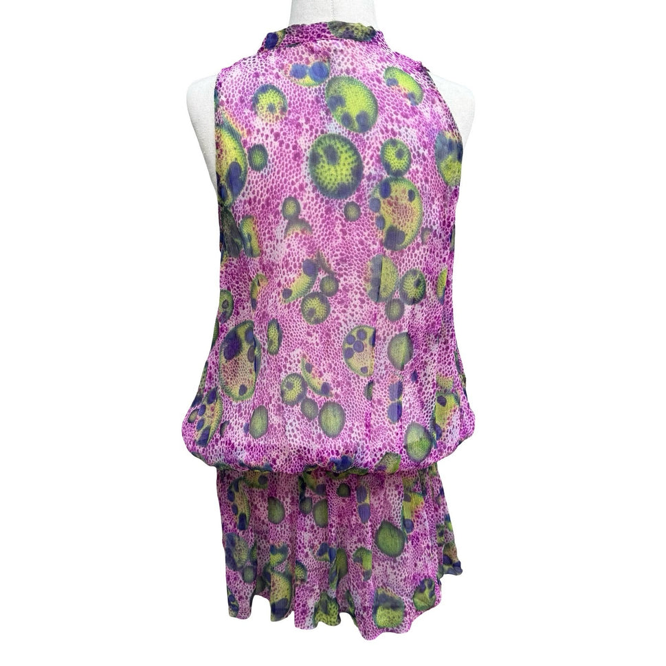 BGN First Y2K Silk Boho Abstract Semi Sheer Tie Neck Blouson Mini Dress Purple 6