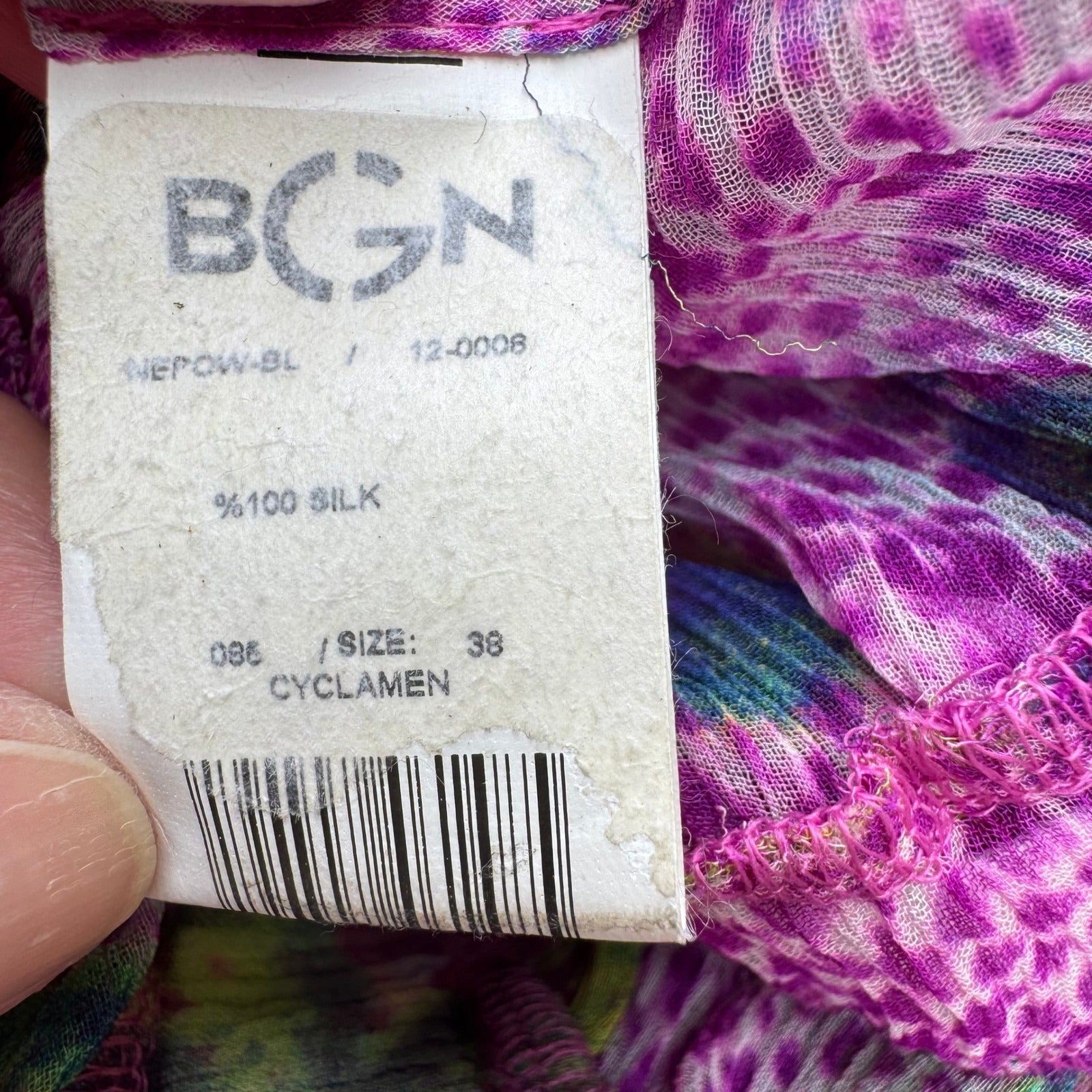 BGN First Y2K Silk Boho Abstract Semi Sheer Tie Neck Blouson Mini Dress Purple 6