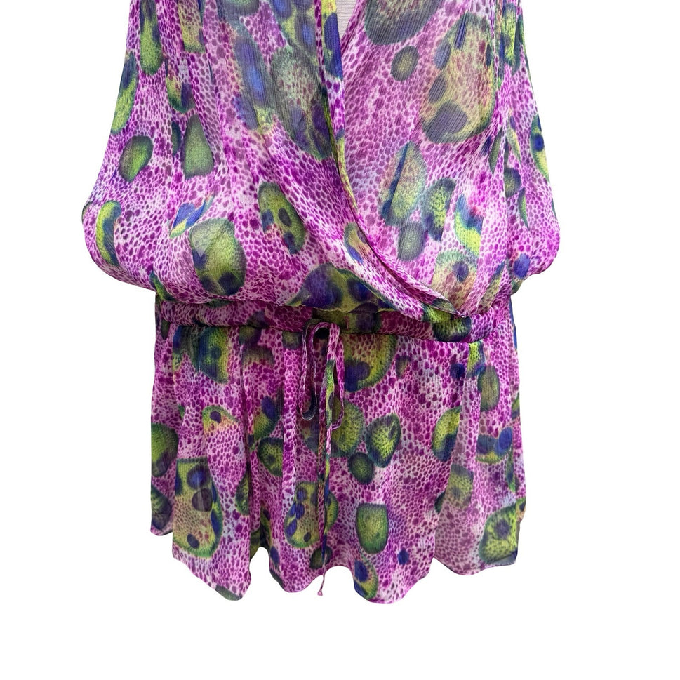 BGN First Y2K Silk Boho Abstract Semi Sheer Tie Neck Blouson Mini Dress Purple 6