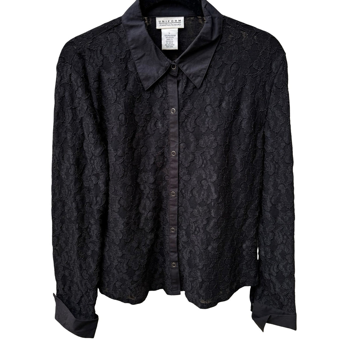 John Paul Richard Vintage Whimsigoth Coquette Floral Lace Sheer Snap Shirt L