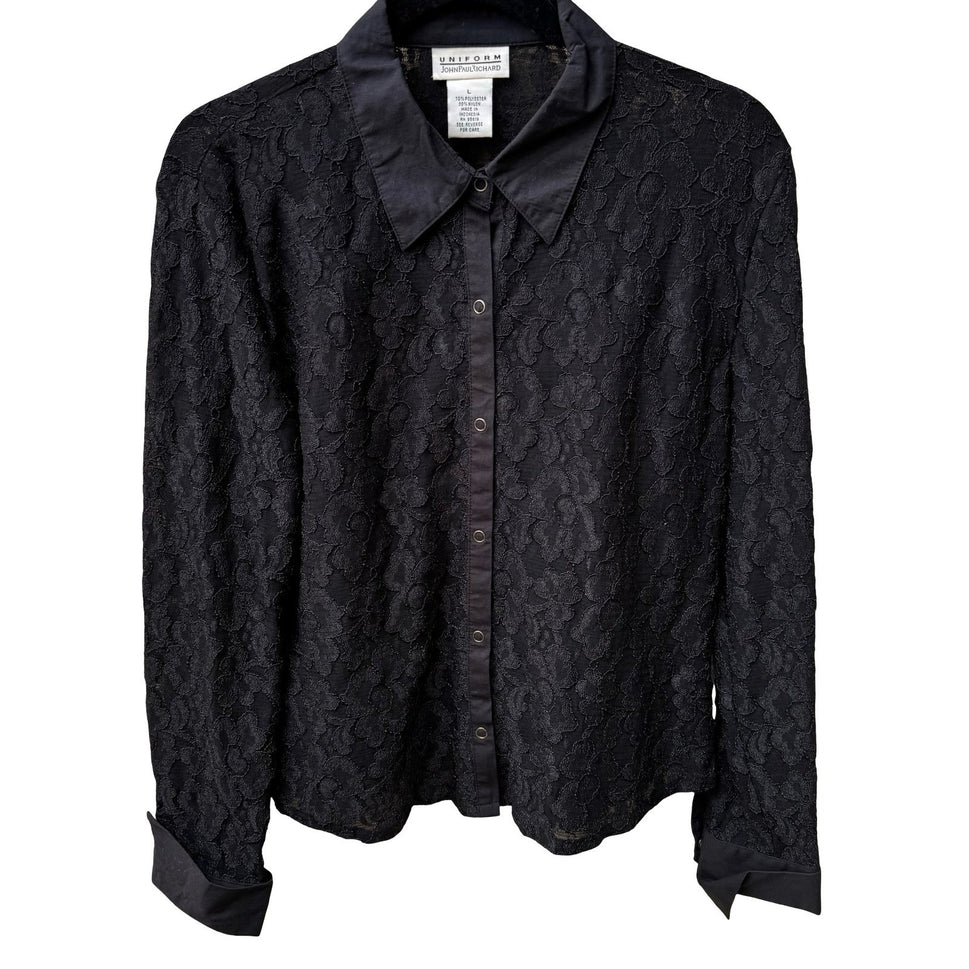 John Paul Richard Vintage Whimsigoth Coquette Floral Lace Sheer Snap Shirt L