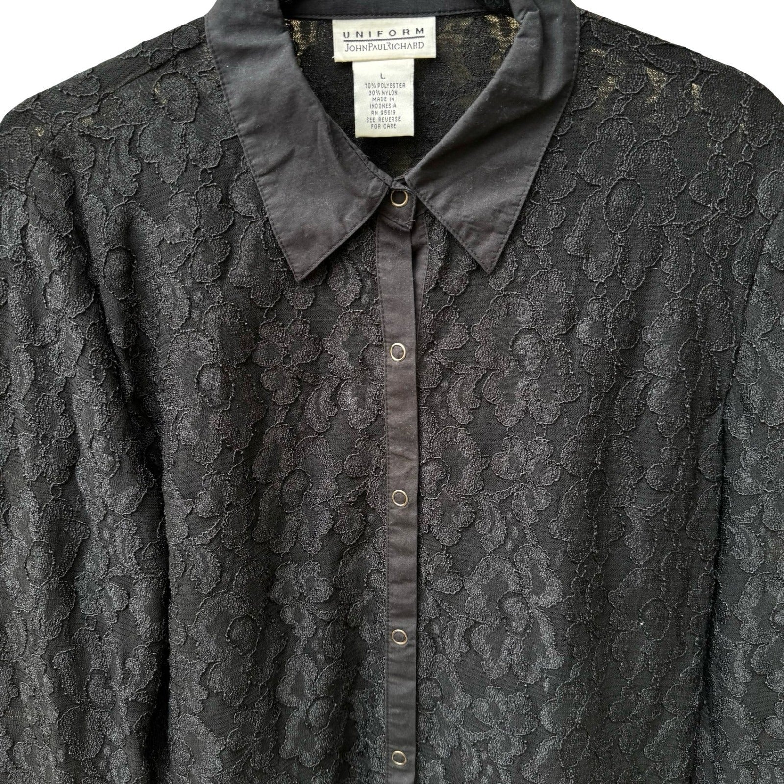 John Paul Richard Vintage Whimsigoth Coquette Floral Lace Sheer Snap Shirt L