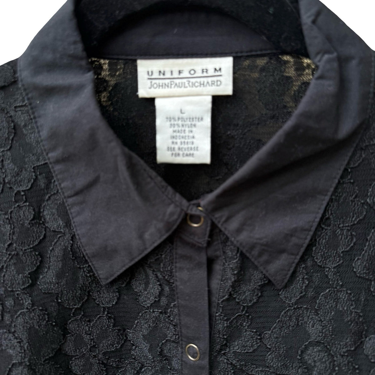 John Paul Richard Vintage Whimsigoth Coquette Floral Lace Sheer Snap Shirt L