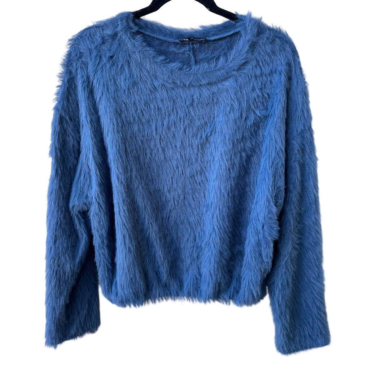 Zara Shaggy Furry Eyelash Knit Faux Fur Cozy Boxy Sweater Cobalt Blue Womens L