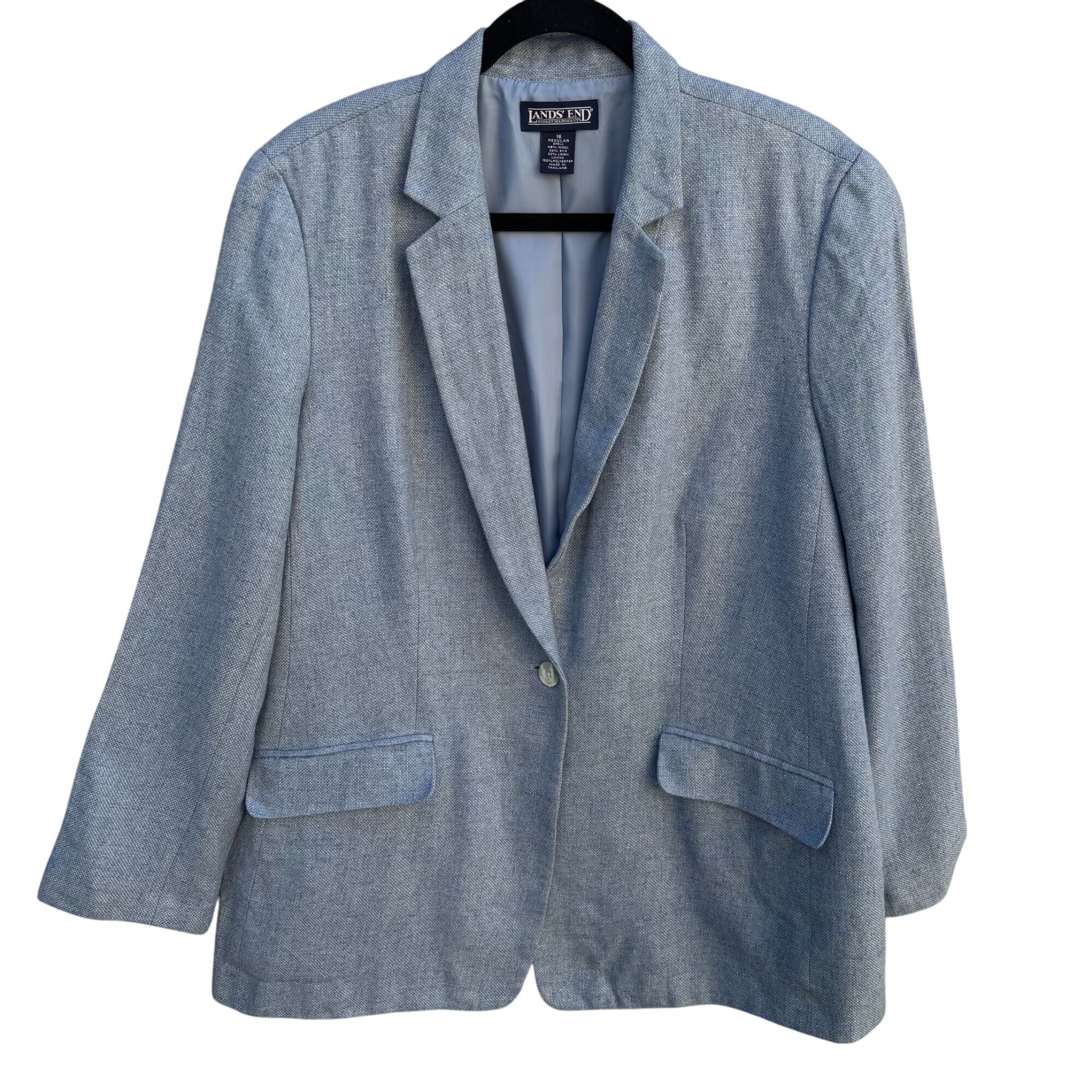 Lands End Vintage Blue Wool Silk Linen Textured Professional Blazer Jacket 16
