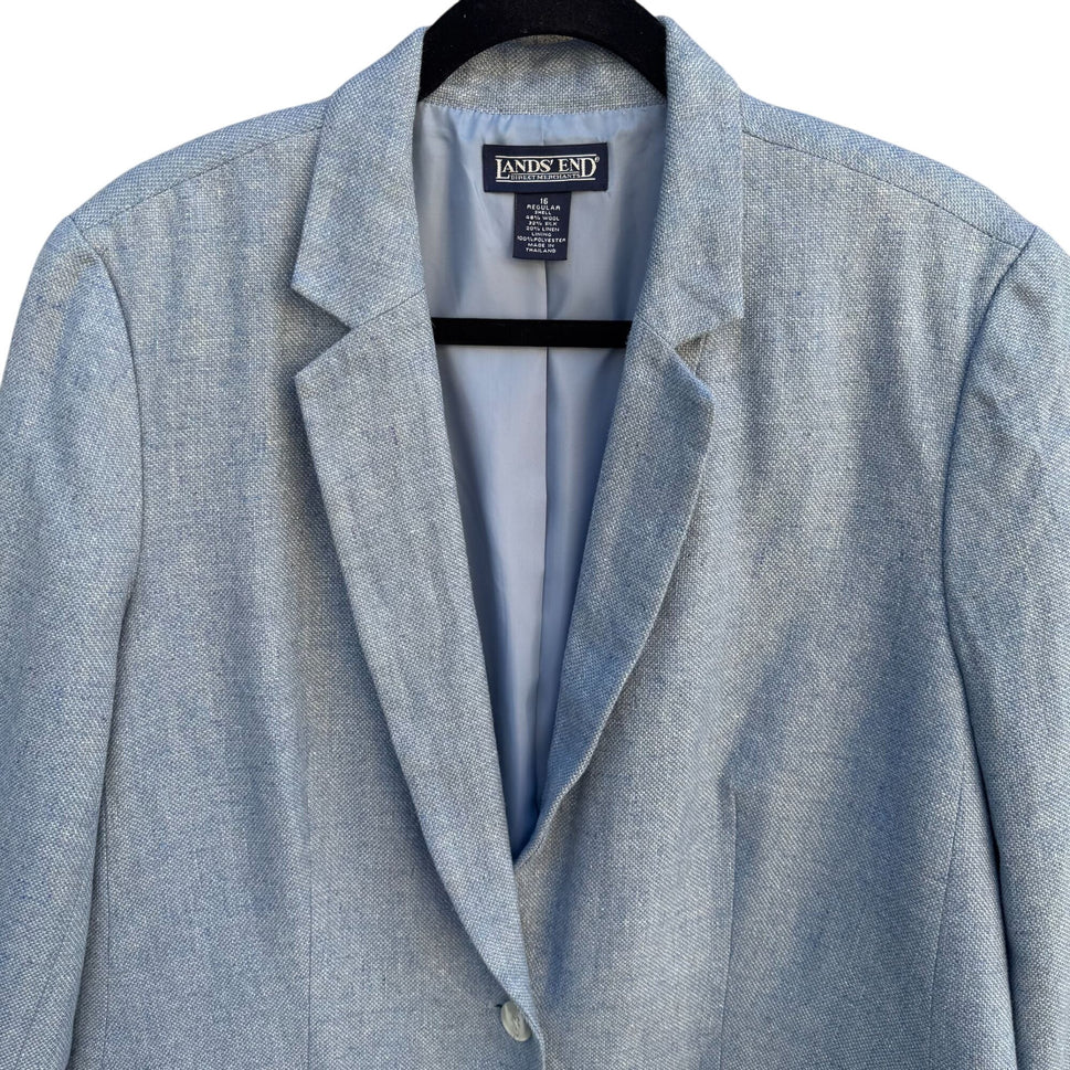 Lands End Vintage Blue Wool Silk Linen Textured Professional Blazer Jacket 16