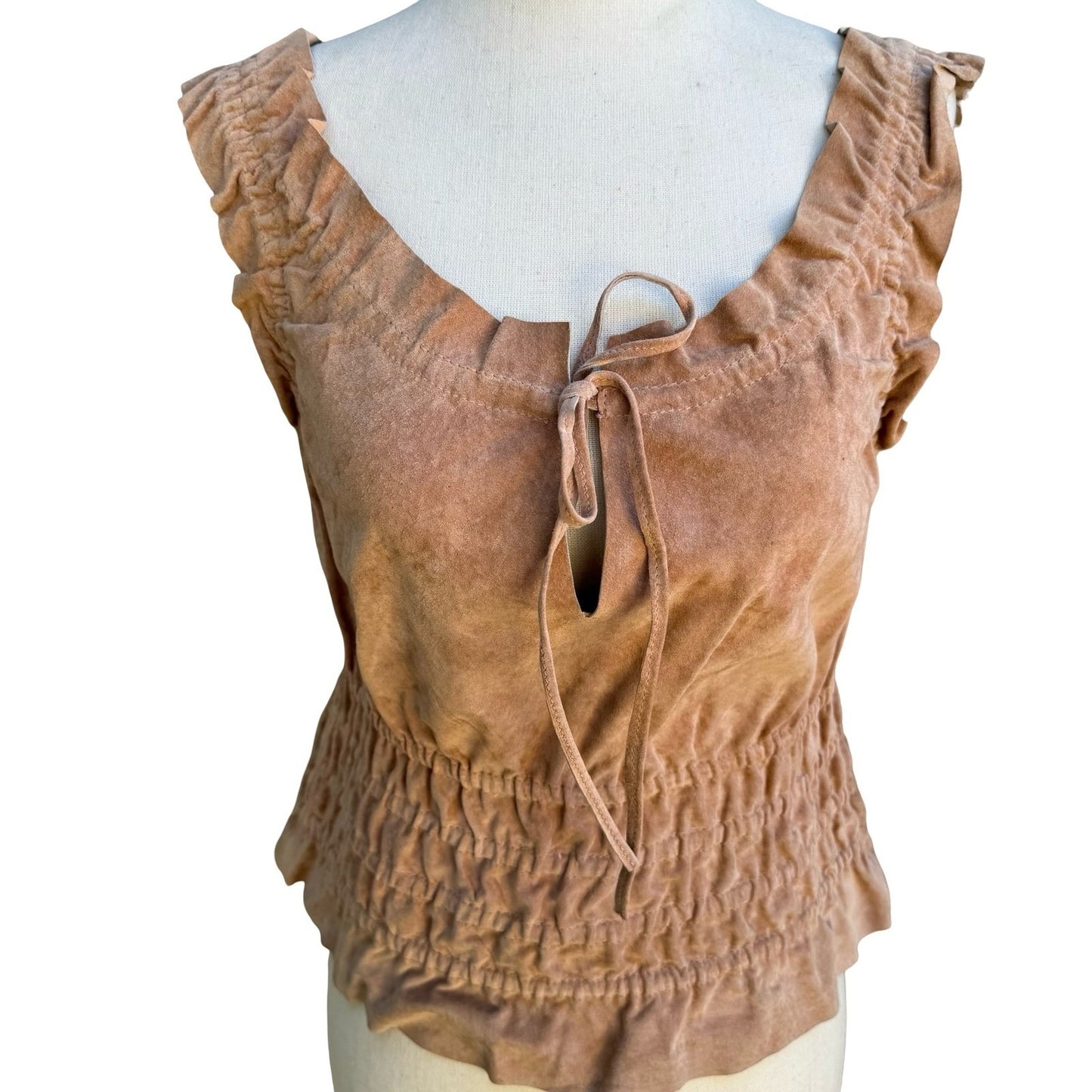 Arden B 100% Leather Boho Western Festival Romantic Smocked Peasant Top Suede XS