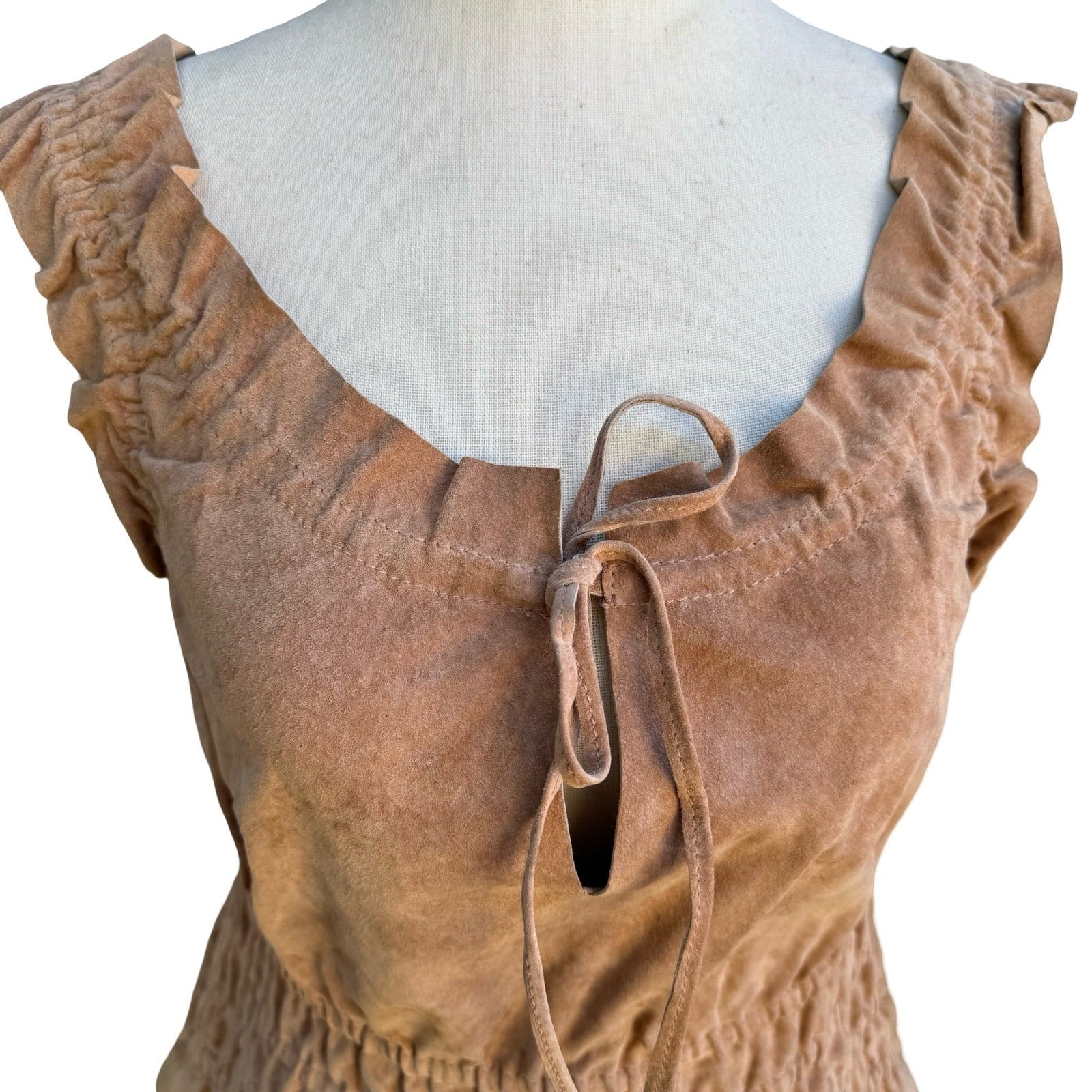 Arden B 100% Leather Boho Western Festival Romantic Smocked Peasant Top Suede XS