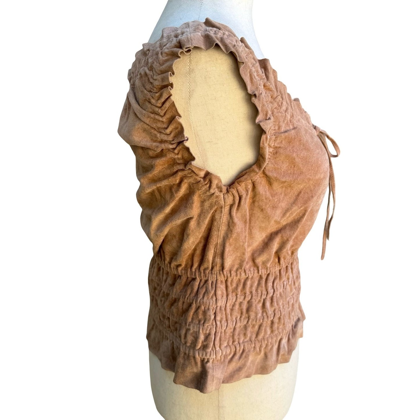 Arden B 100% Leather Boho Western Festival Romantic Smocked Peasant Top Suede XS