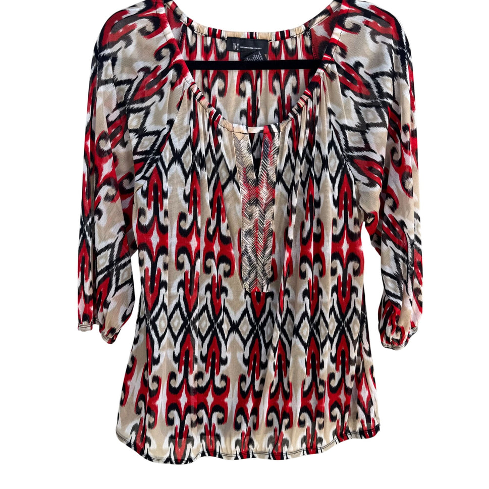 INC Womens Multicolor Print 3/4 Sleeves & Split Neck Two Piece Blouse Tank Set L