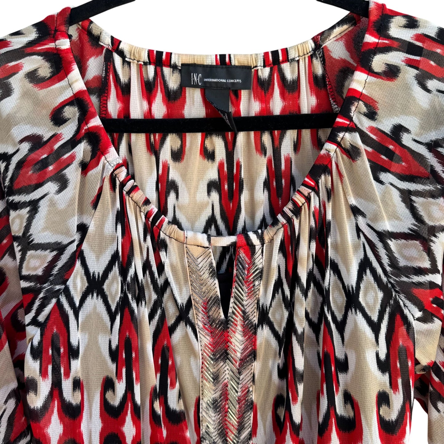 INC Womens Multicolor Print 3/4 Sleeves & Split Neck Two Piece Blouse Tank Set L