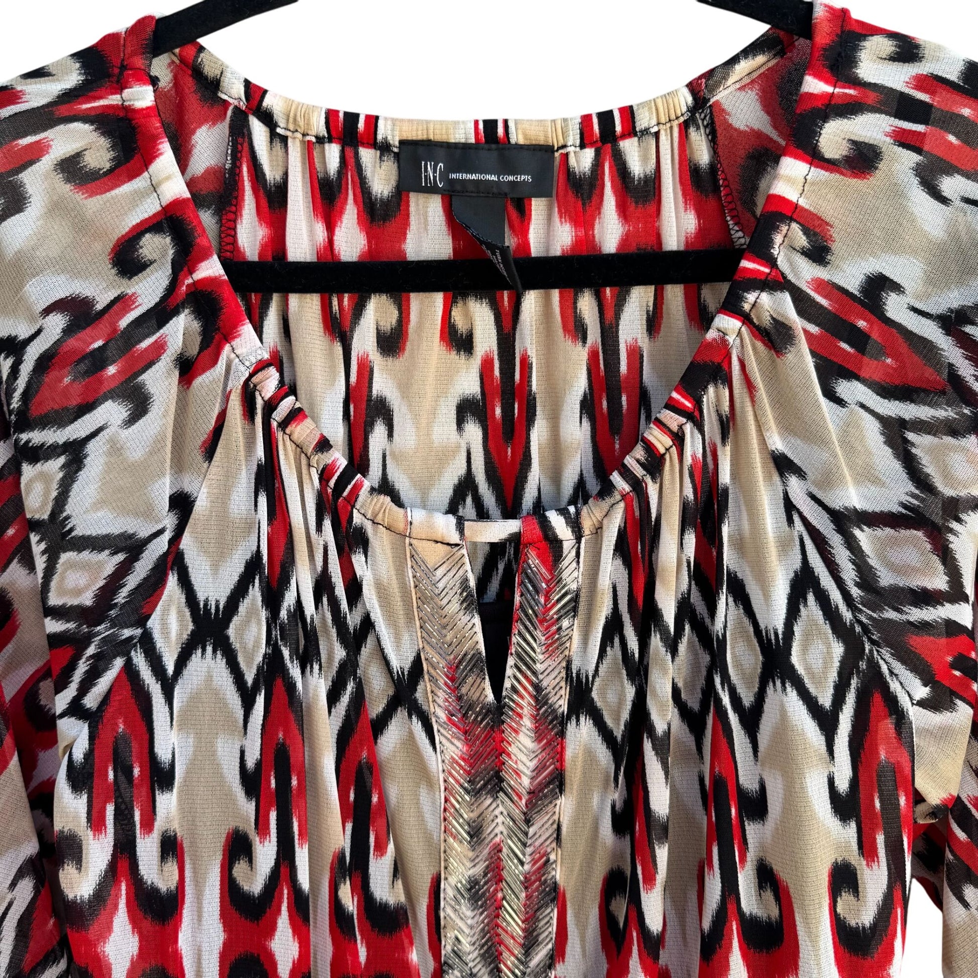 INC Womens Multicolor Print 3/4 Sleeves & Split Neck Two Piece Blouse Tank Set L