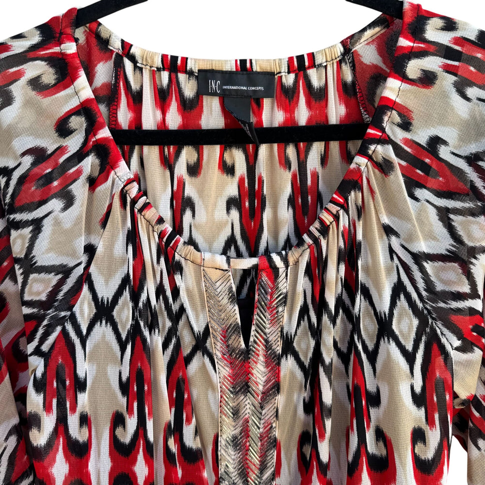 INC Womens Multicolor Print 3/4 Sleeves & Split Neck Two Piece Blouse Tank Set L