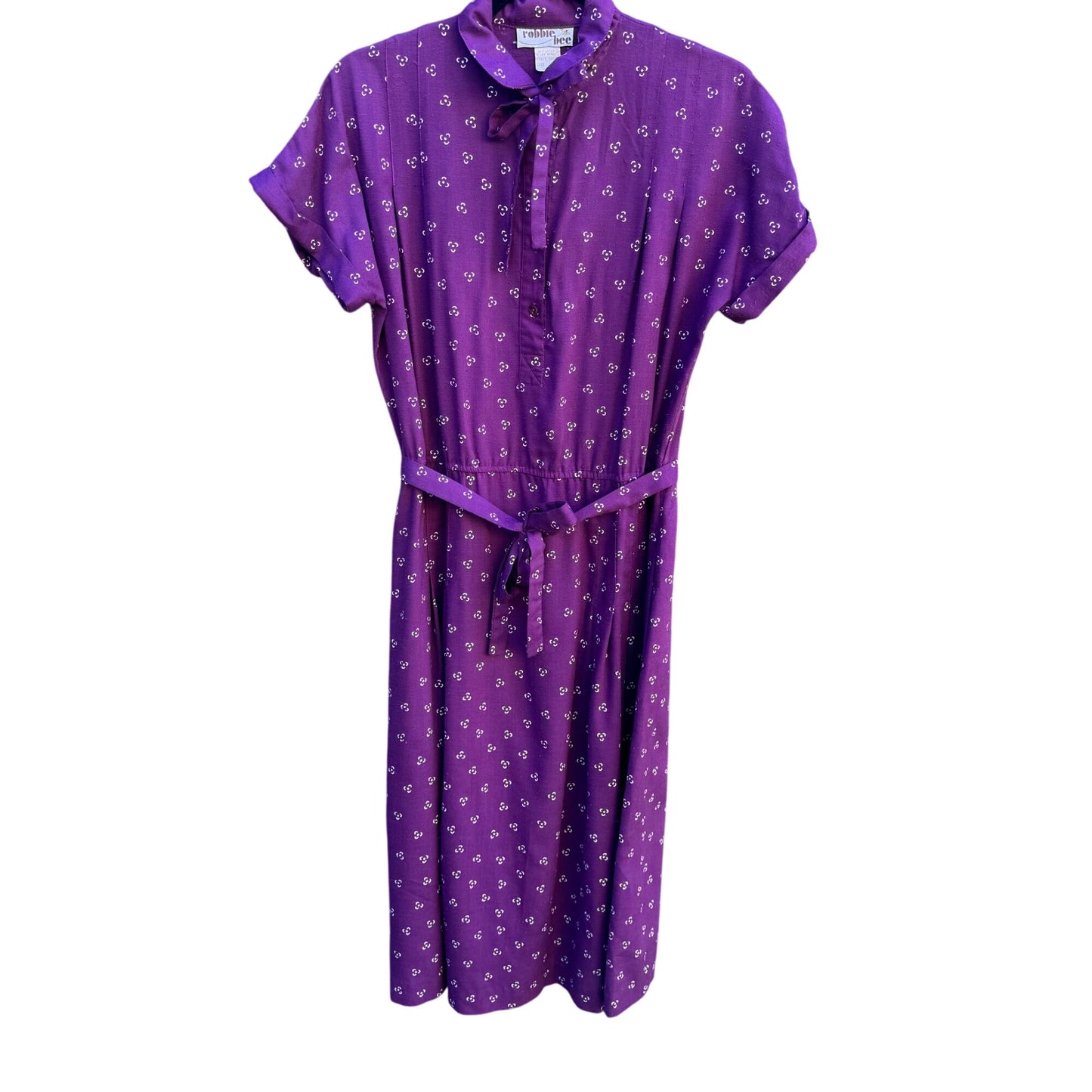 Robbie Bee Vintage Purple Midi Pleated Dress Tie Belt Prairie Floral Cottage L