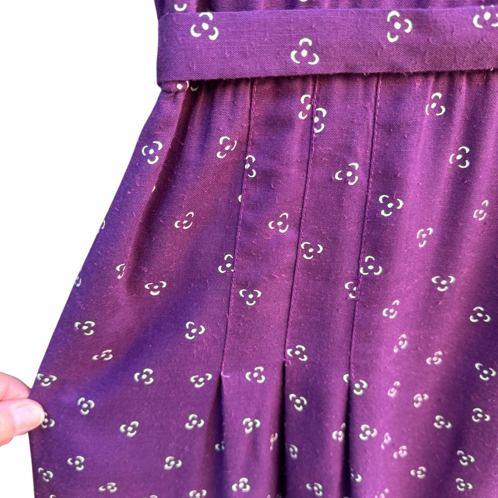 Robbie Bee Vintage Purple Midi Pleated Dress Tie Belt Prairie Floral Cottage L