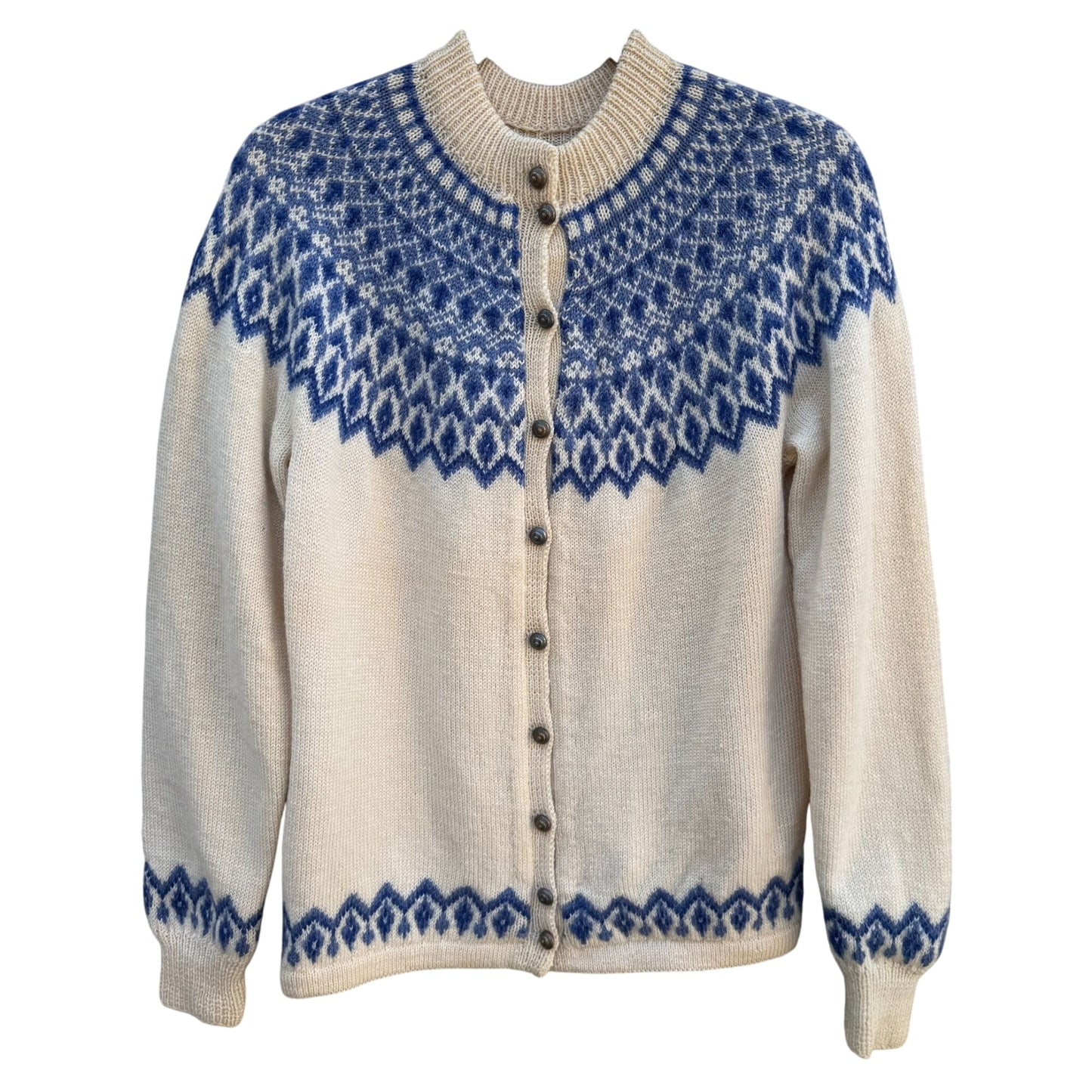 Paul Mage Vintage Wool Nordic Intricate Blue Cream Fair Isle Cardigan Sweater M