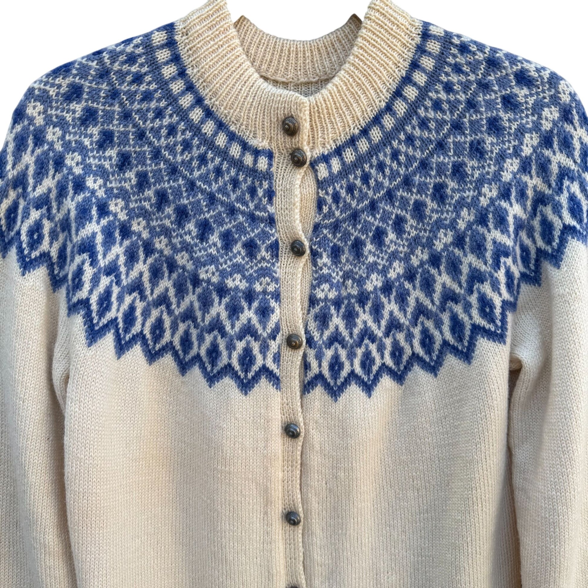 Paul Mage Vintage Wool Nordic Intricate Blue Cream Fair Isle Cardigan Sweater M