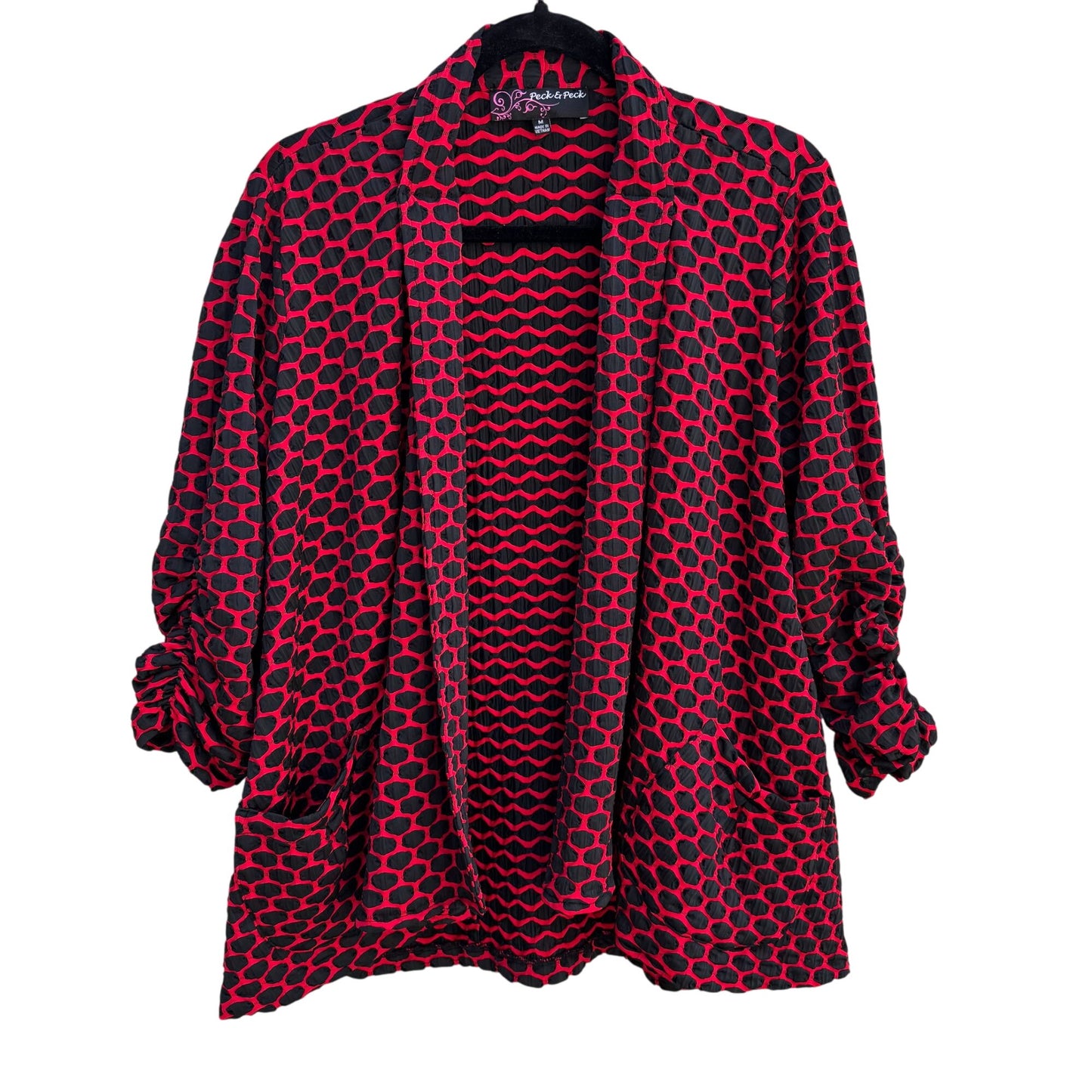 Peck & Peck Red Black Textured Open Front Wavy Ruched Sleeve Blazer Jacket M