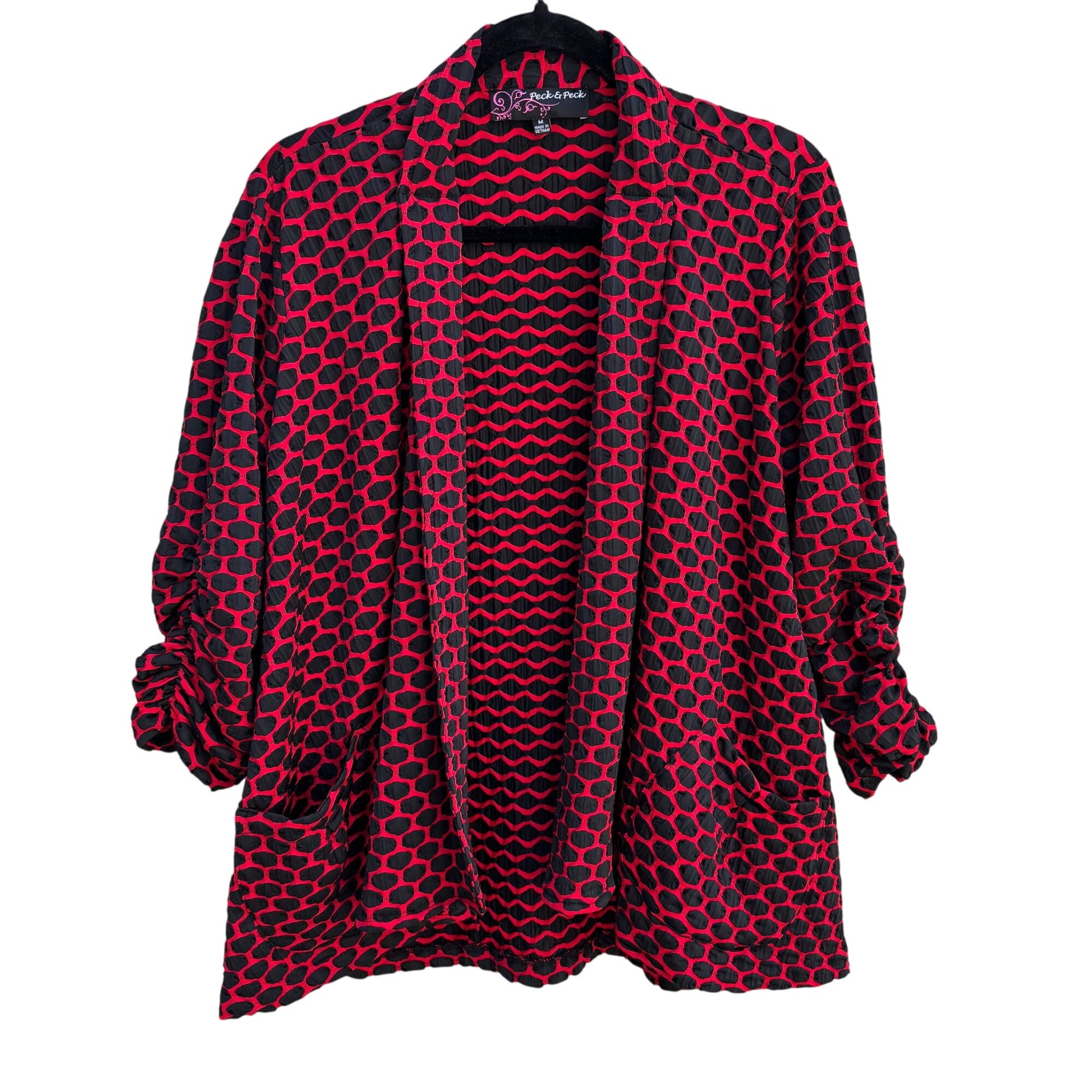 Peck & Peck Red Black Textured Open Front Wavy Ruched Sleeve Blazer Jacket M