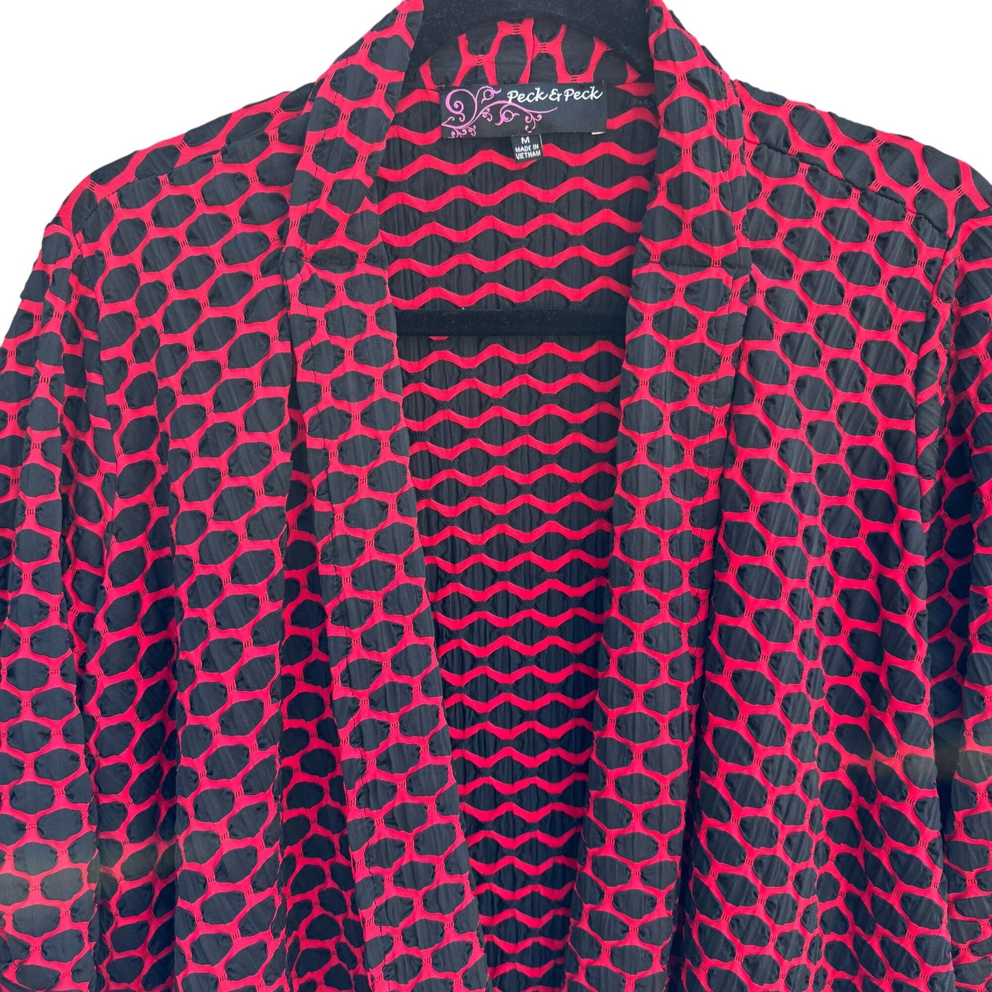 Peck & Peck Red Black Textured Open Front Wavy Ruched Sleeve Blazer Jacket M
