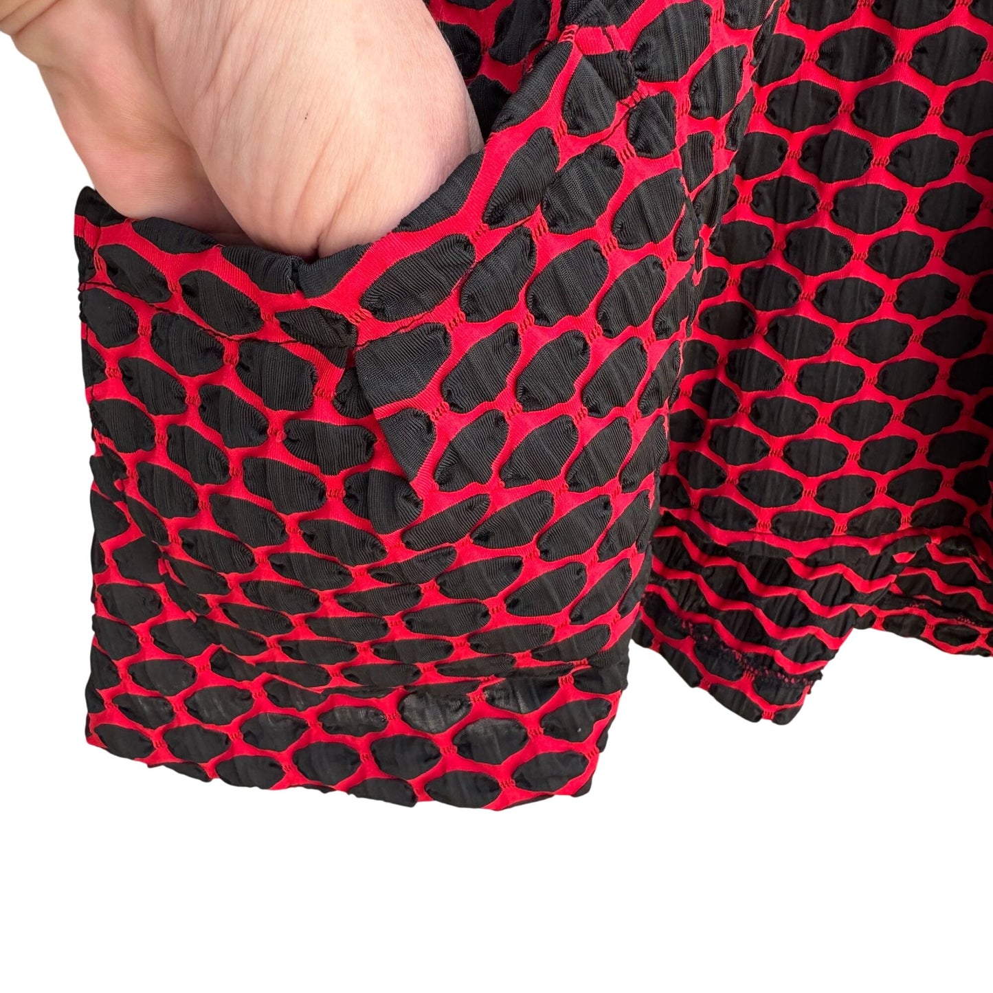 Peck & Peck Red Black Textured Open Front Wavy Ruched Sleeve Blazer Jacket M