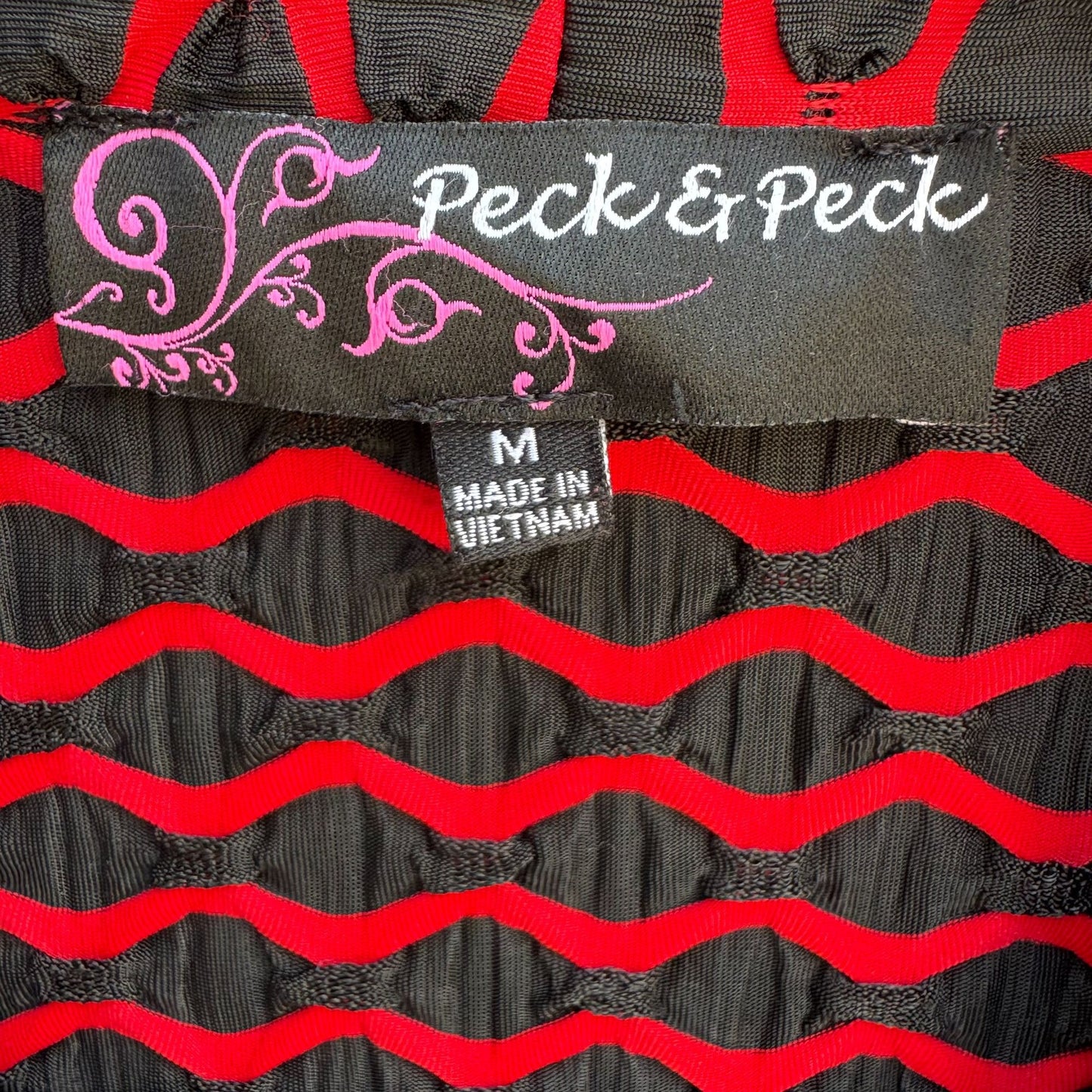 Peck & Peck Red Black Textured Open Front Wavy Ruched Sleeve Blazer Jacket M