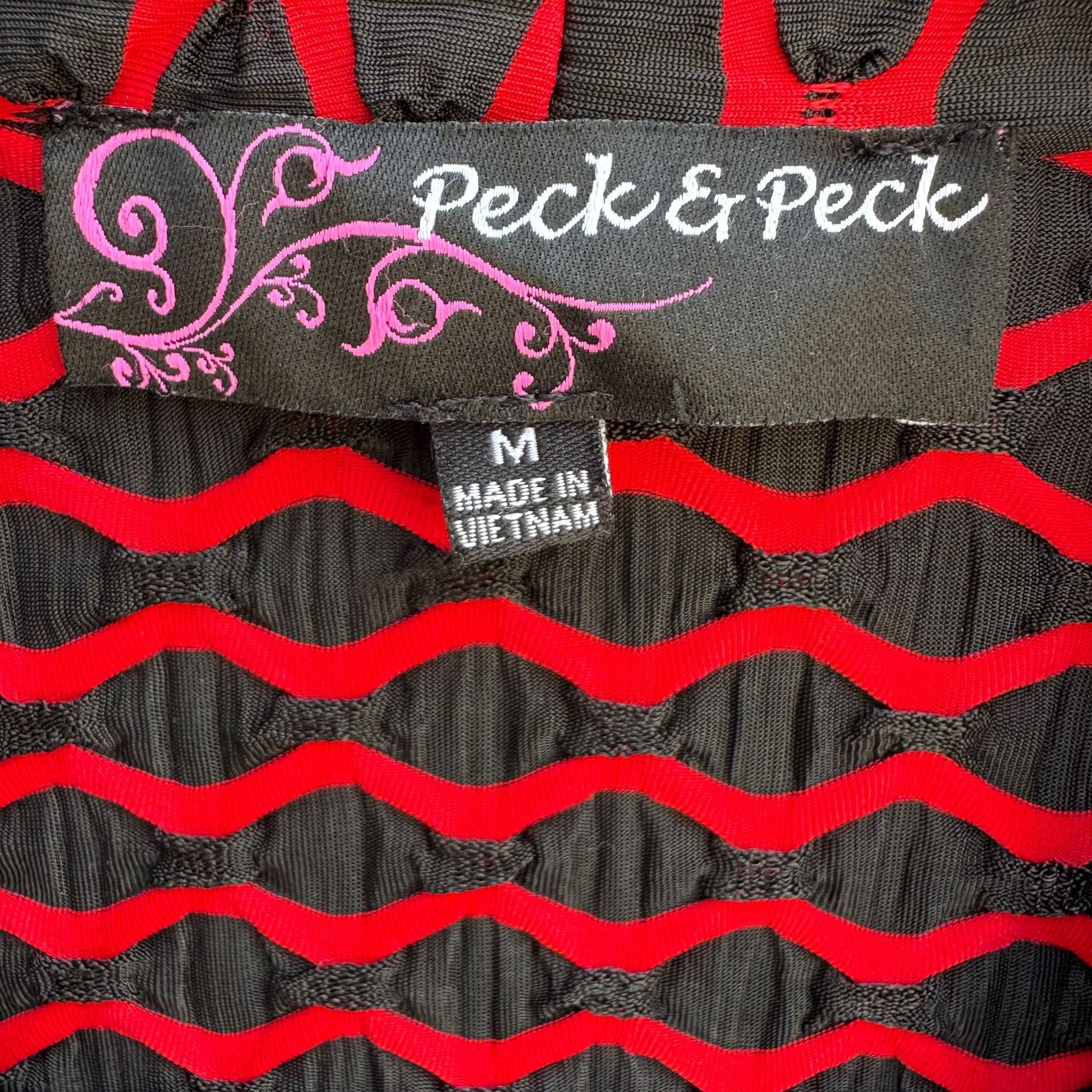 Peck & Peck Red Black Textured Open Front Wavy Ruched Sleeve Blazer Jacket M