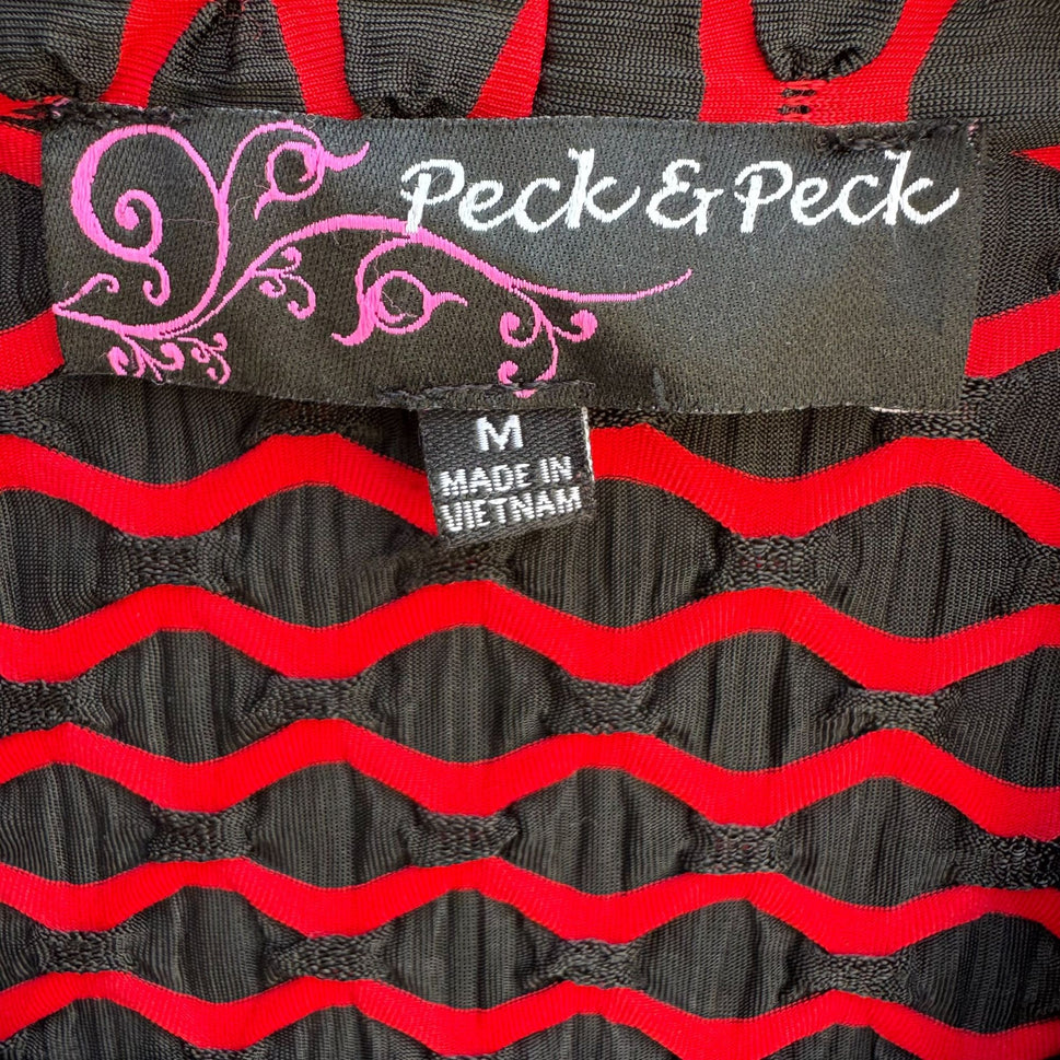 Peck & Peck Red Black Textured Open Front Wavy Ruched Sleeve Blazer Jacket M