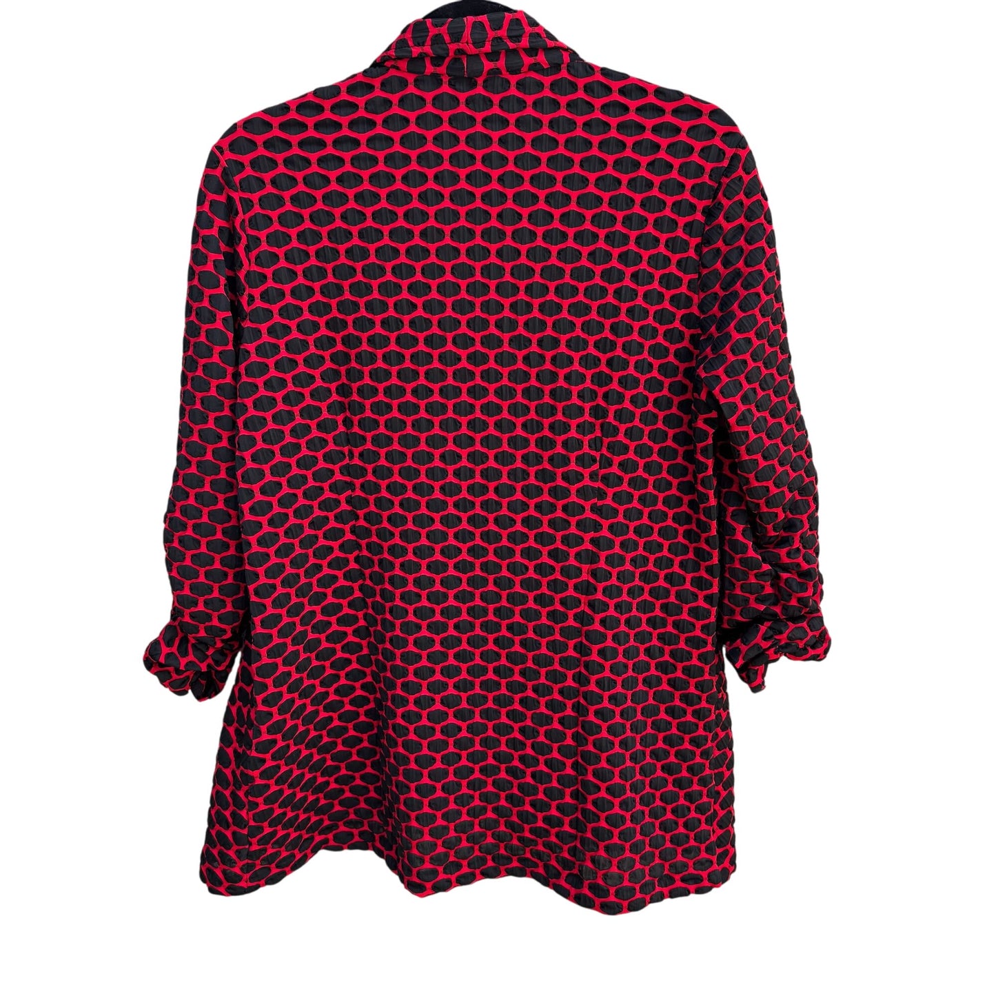 Peck & Peck Red Black Textured Open Front Wavy Ruched Sleeve Blazer Jacket M