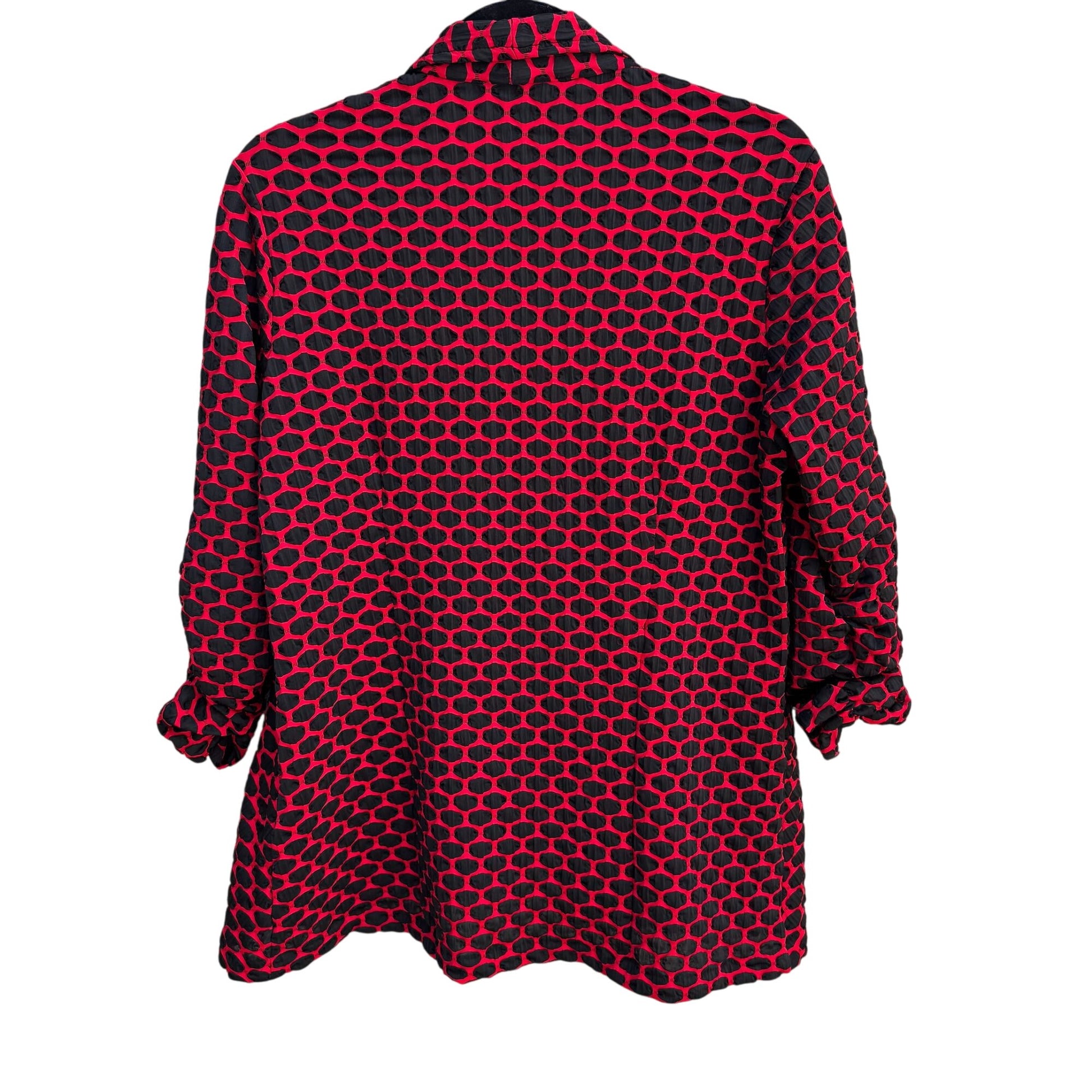 Peck & Peck Red Black Textured Open Front Wavy Ruched Sleeve Blazer Jacket M