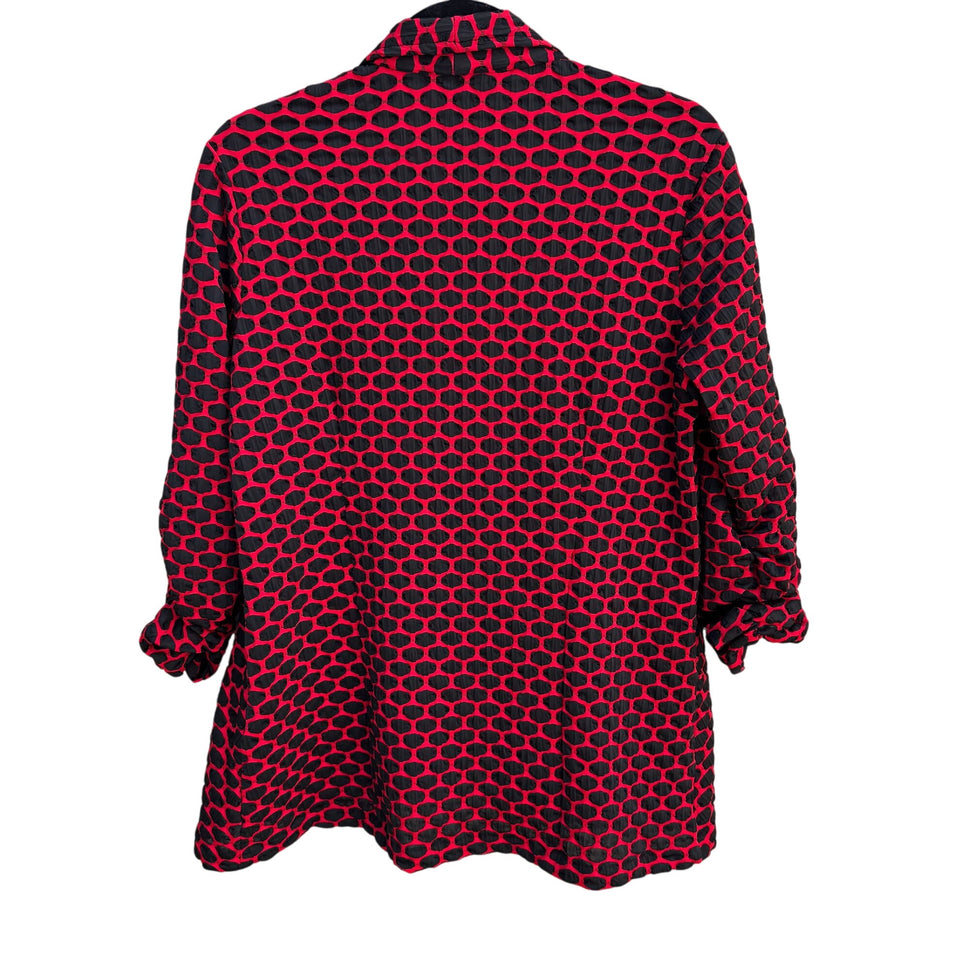 Peck & Peck Red Black Textured Open Front Wavy Ruched Sleeve Blazer Jacket M