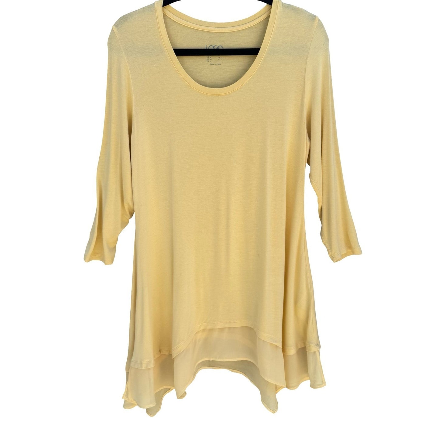 LOGO Lori Goldstein Boho Yellow Flowy Sharkbite Tunic 3/4 Sleeve M Lagenlook