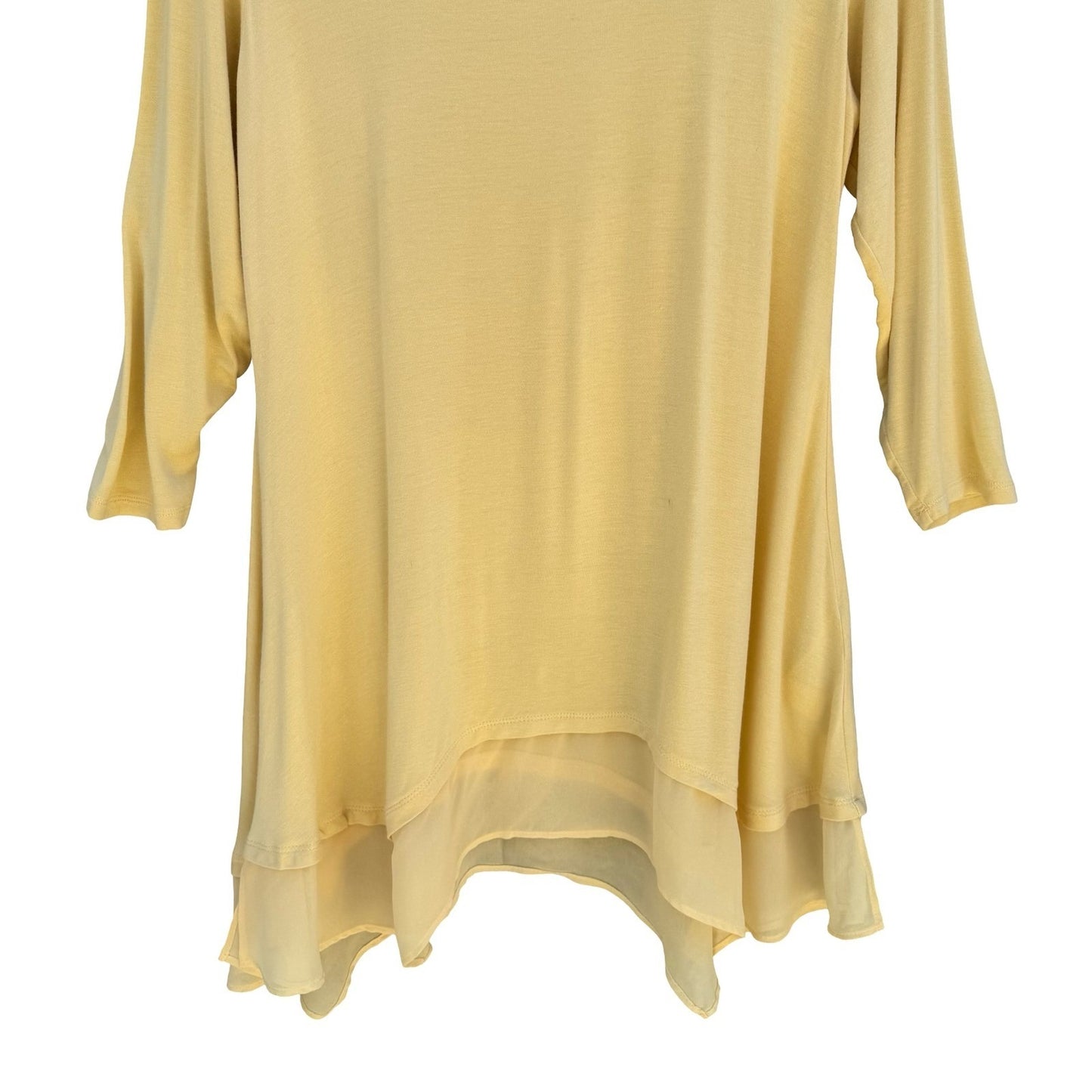 LOGO Lori Goldstein Boho Yellow Flowy Sharkbite Tunic 3/4 Sleeve M Lagenlook