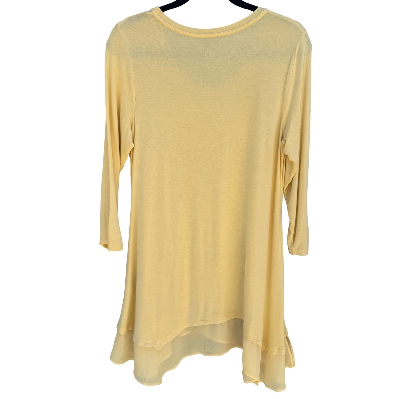 LOGO Lori Goldstein Boho Yellow Flowy Sharkbite Tunic 3/4 Sleeve M Lagenlook