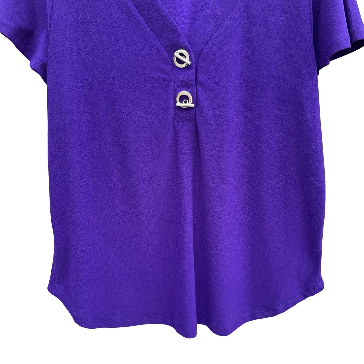89th + Madison Purple V-Neck Short Sleeve Blouse Toggle Detail Large NEW Office