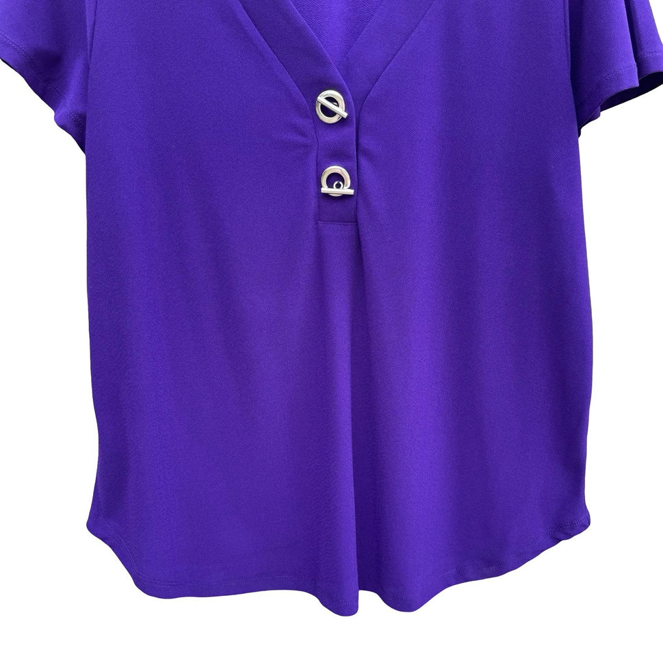 89th + Madison Purple V-Neck Short Sleeve Blouse Toggle Detail Large NEW Office