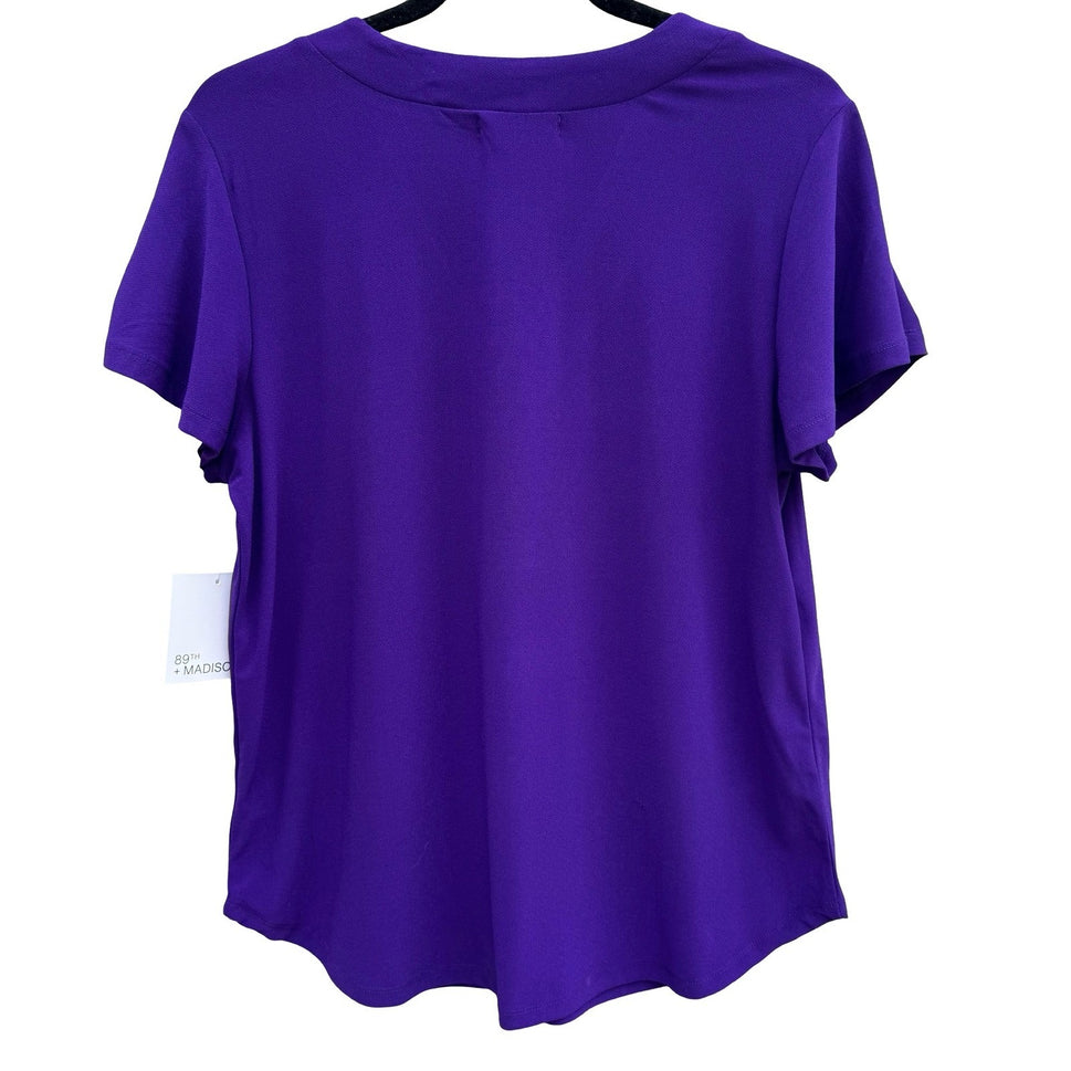89th + Madison Purple V-Neck Short Sleeve Blouse Toggle Detail Large NEW Office