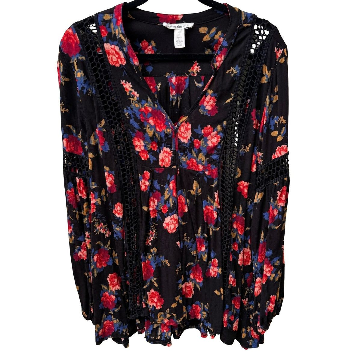 Indigo Thread Boho Whimsigoth Dark Floral Crochet Flowy Peasant Blouse Black L