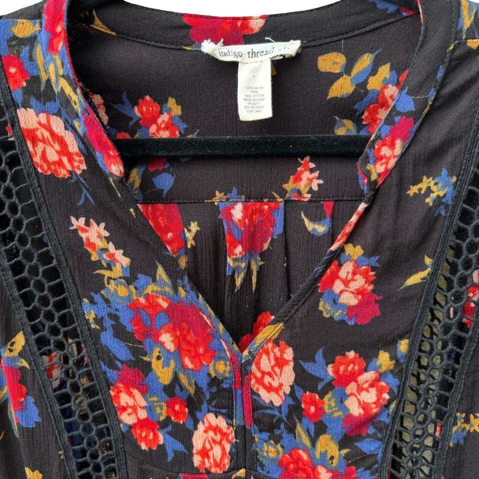 Indigo Thread Boho Whimsigoth Dark Floral Crochet Flowy Peasant Blouse Black L