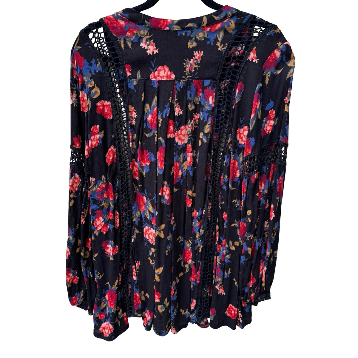 Indigo Thread Boho Whimsigoth Dark Floral Crochet Flowy Peasant Blouse Black L