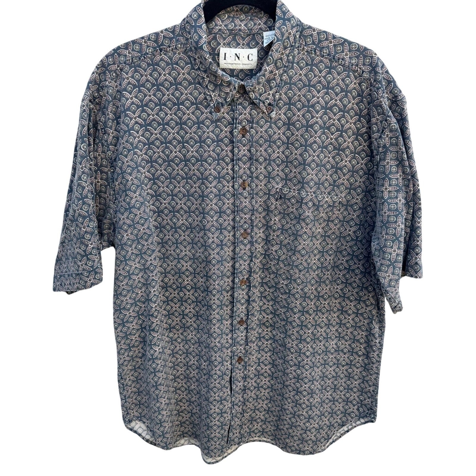 INC International Concepts Mens Large Blue Geometric Medallion Cotton Shirt L
