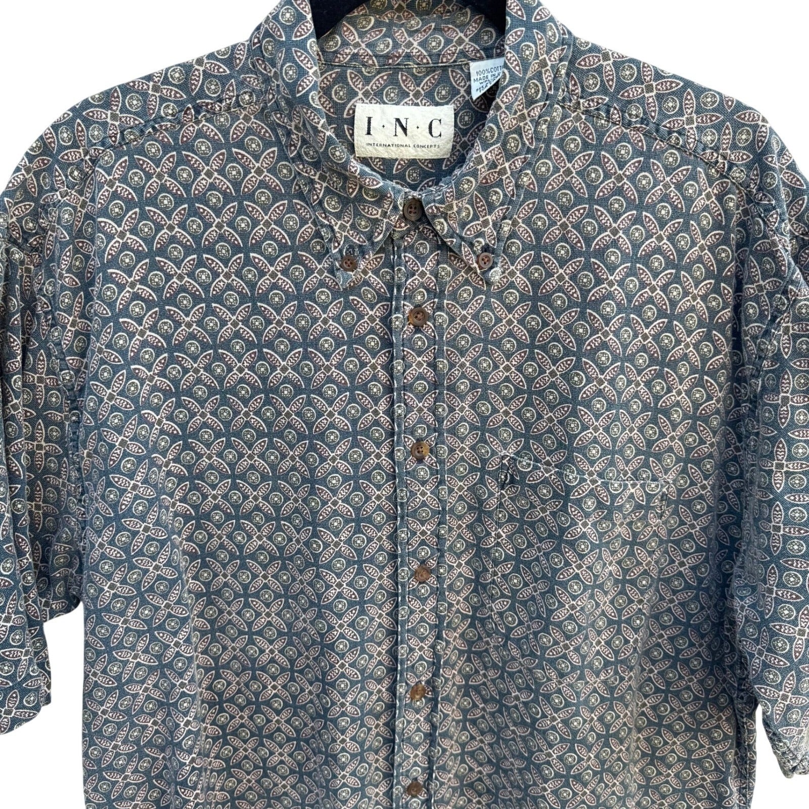 INC International Concepts Mens Large Blue Geometric Medallion Cotton Shirt L