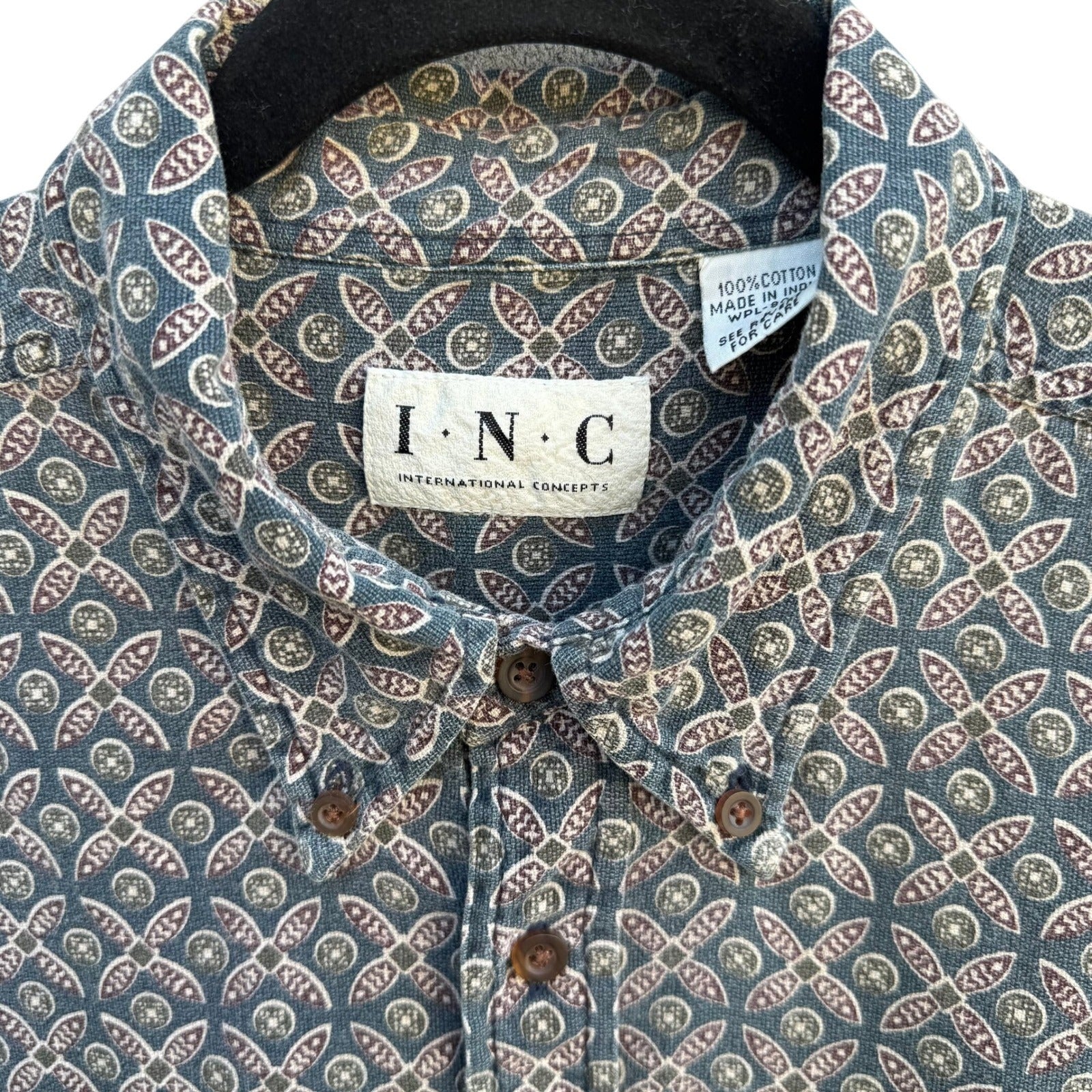 INC International Concepts Mens Large Blue Geometric Medallion Cotton Shirt L