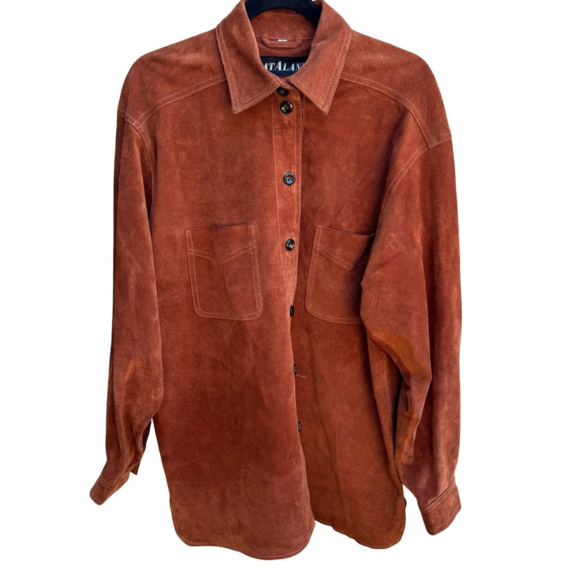 Catalani Vintage 90s Suede Leather Western Boho Cowgirl Shirt Shacket Rust L