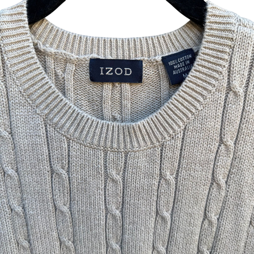 Izod Mens Beige Crew Neck Long Sleeve All Cotton Cable Knit Long Sleeve Sweater M