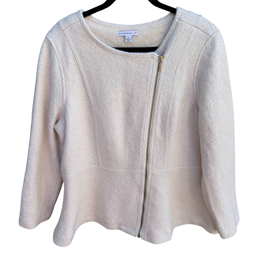 Isaac Mizrahi Womens Winter White Wool Blend Zip-Up Boucle Peplum Moto Jacket L