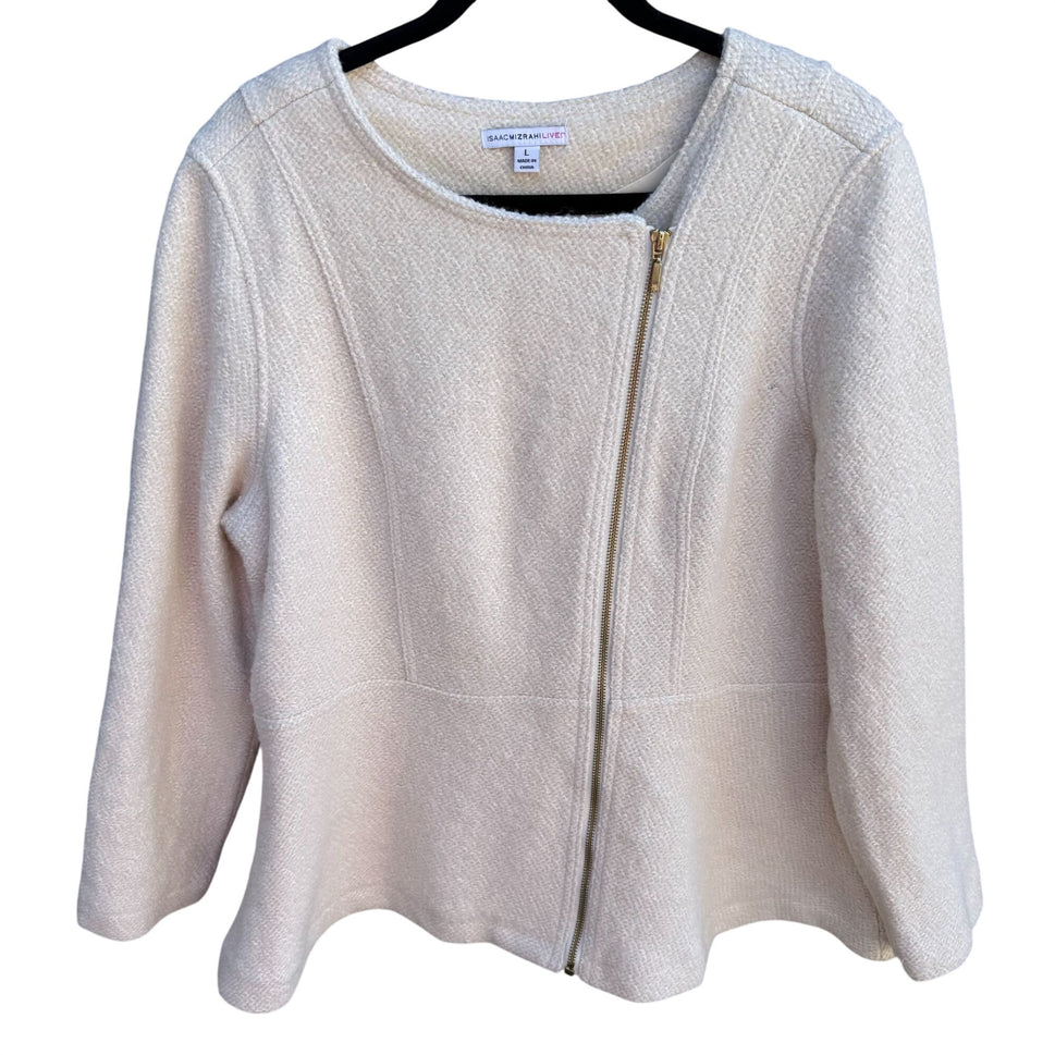 Isaac Mizrahi Womens Winter White Wool Blend Zip-Up Boucle Peplum Moto Jacket L