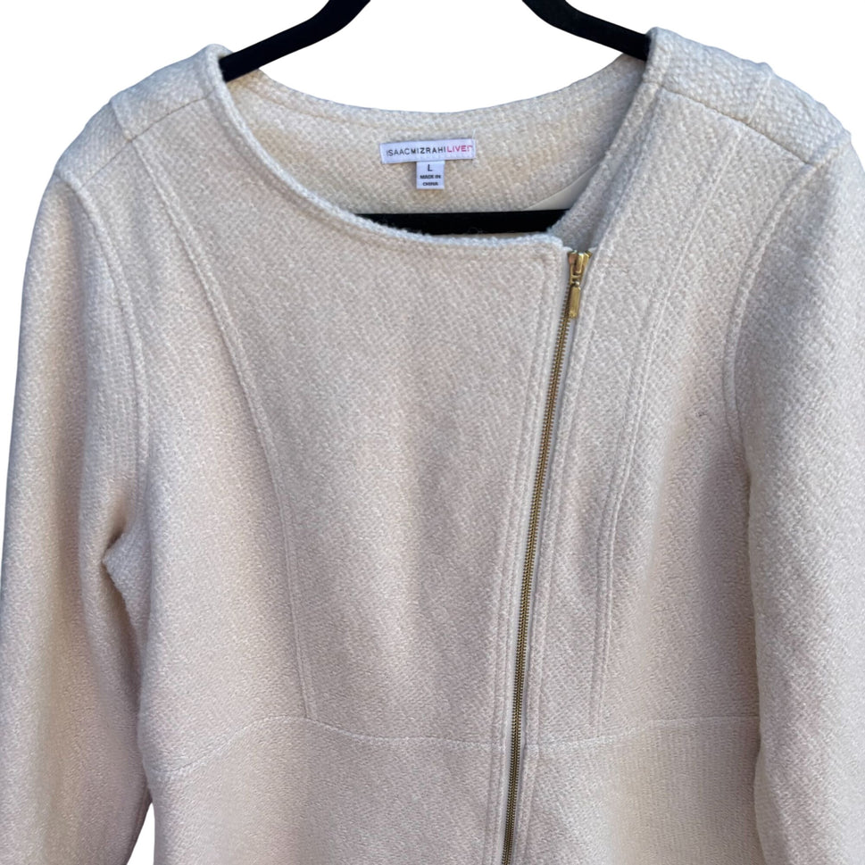 Isaac Mizrahi Womens Winter White Wool Blend Zip-Up Boucle Peplum Moto Jacket L