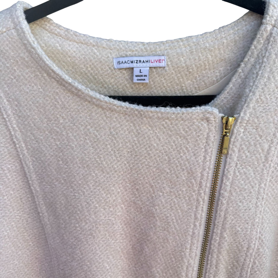 Isaac Mizrahi Womens Winter White Wool Blend Zip-Up Boucle Peplum Moto Jacket L